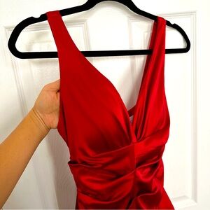 Red satin ruched dress pencil dress